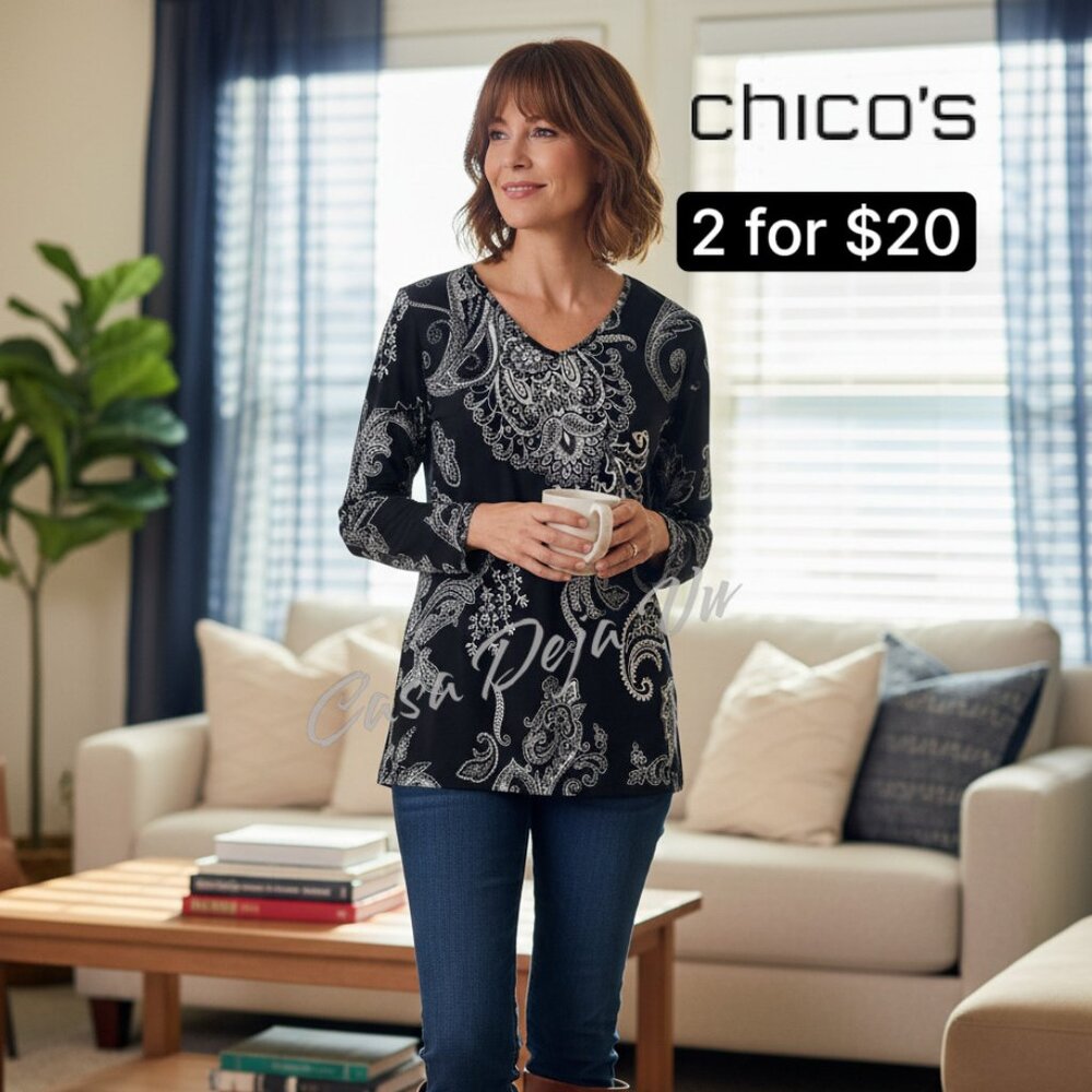 Chicos Travelers Stretchy Paisley Floral Long Sleeve V Neck Flowy Tunic